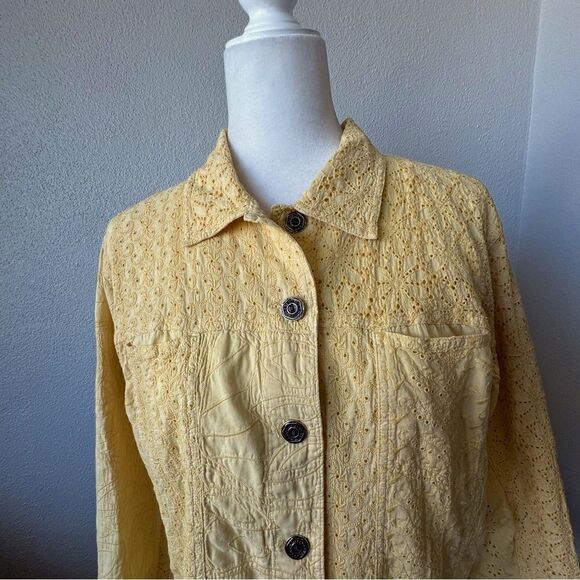 Chico’s Bomber Jacket Yellow 100% Cotton Collar SZ 2 or M - Picture 4 of 11